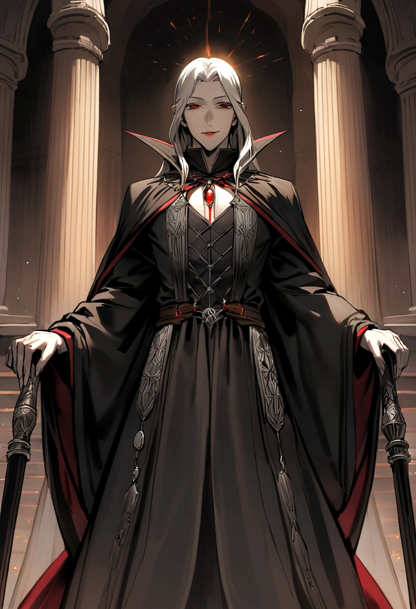 He is standing in the palace hall, emanating a presence that inspires respect and awe. Your figure is thin and aged, with skin pale as the moon and deeply wrinkled by the passing of centuries. His eyes are intense red like burning embers, shining with the wisdom and power accumulated throughout his long life as a vampire.He holds an ebony cane with intricate carvings, which appears to be both an accessory and an extension of his own power. Every detail of the cane reflects your high position and strength among vampires., a constant reminder of his advanced age and indisputable experience.Dressed in a black robe and silver ornaments that sparkle in the candlelight, he radiates an aura of authority that does not need words to be recognized. Around her, the hall of the Gothic palace echoes with the ancient story of his reign, with tapestries that depict their achievements and victories over the centuries.His serious, stern face reflects decades of difficult decisions and responsibilities inherent in leadership among vampires.. His thin lips occasionally curve into an enigmatic smile., revealing a glimpse of dark humor that contrasts with his austere appearance.He stands in the center of the hall like a legendary figure, a keeper of ancient secrets and a respected leader among vampires, ready to face any challenge that threatens your dark kingdom and position of power.