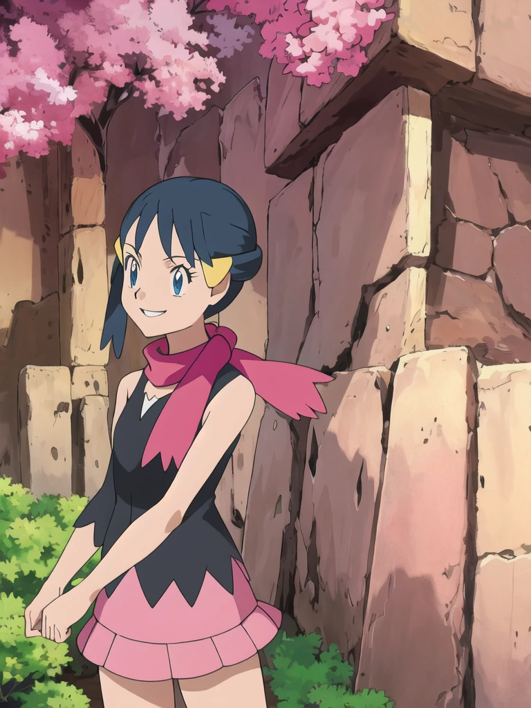masterpiece, Highest quality, High resolution, One girl, alone, dawn (Pokemon), Pink scarf, Black Shirt, Pink Skirt, Have, Outdoor, Bare shoulders, smile