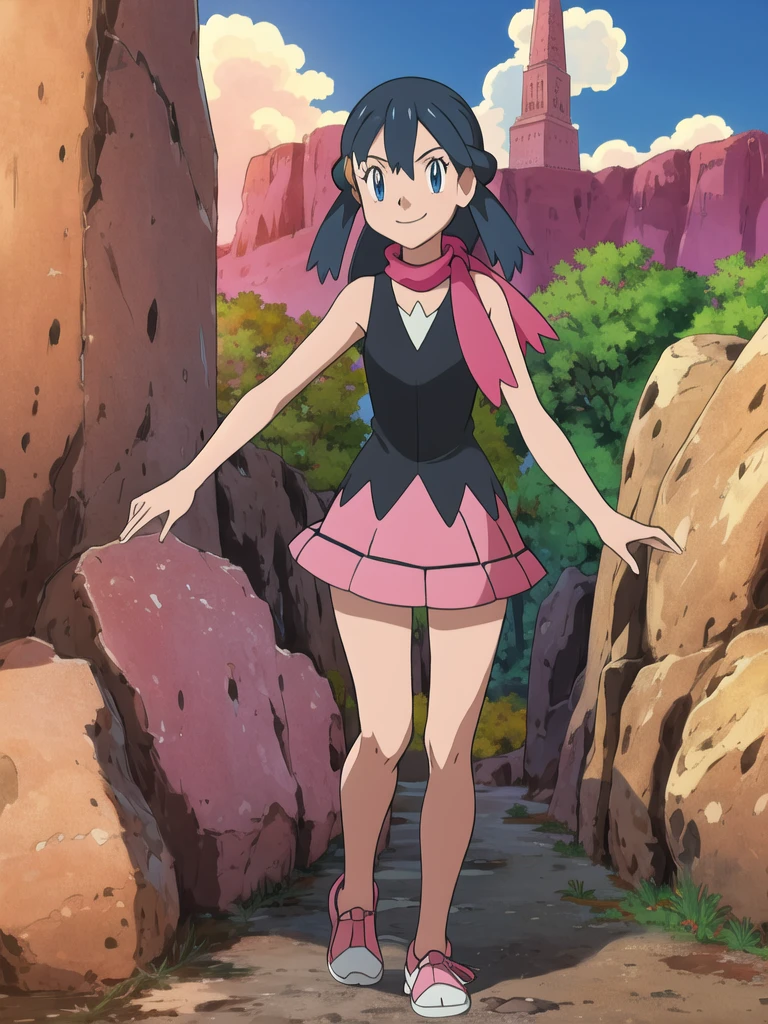 masterpiece, Highest quality, High resolution, One girl, alone, dawn (Pokemon), Pink scarf, Black Shirt, Pink Skirt, Have, Outdoor, Bare shoulders, smile