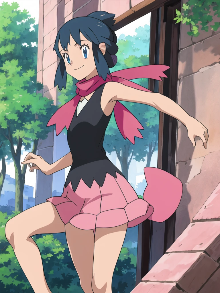 masterpiece, Highest quality, High resolution, One girl, alone, dawn (Pokemon), Pink scarf, Black Shirt, Pink Skirt, Have, Outdoor, Bare shoulders, smile