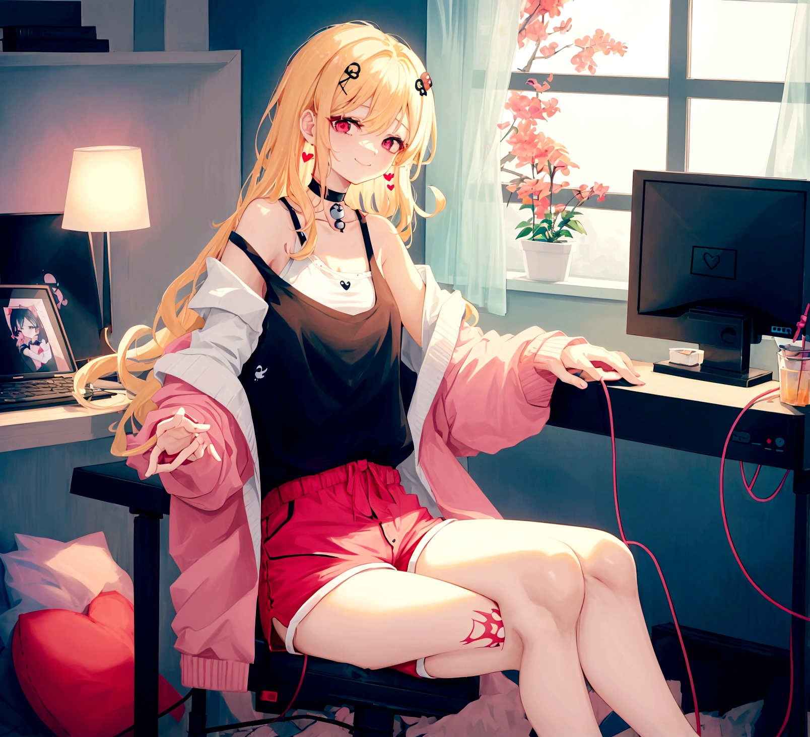 ((최고의 품질)), ((걸작)), (상세한), 여자 1명, Create an anime-style digital artwork of a character with long, straight blonde hair and bright red eyes. The character is wearing a white cardigan over a black tank top and dolphin shorts. She is accessorized with a pink heart pendant choker and long, decorative earrings. Her hair features a red heart and skull hairpin on the side. The character is sitting in her room in front of a desktop computer, smiling warmly. The background should show a cozy room with soft lighting, with elements like a computer desk, monitor, and some personal items scattered around. The overall mood should be relaxed and inviting, capturing the essence of a casual day indoors.