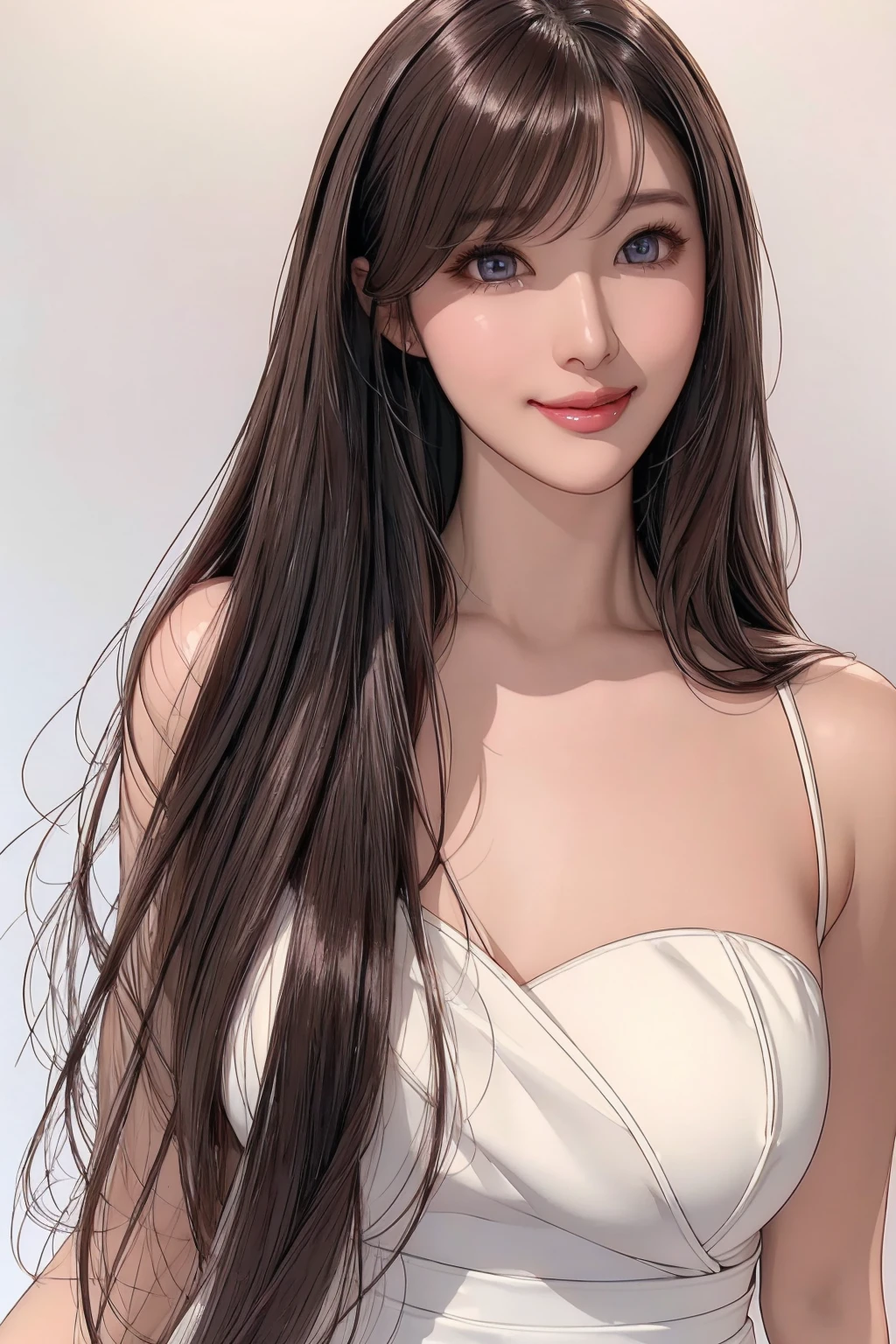 (super fine illustration) Amazing eyes、Perfect Lips、And a beautiful girl with a captivating smile、upper body Detailed and realistic portrait、Super detailed、16K、masterpiece、high quality、Negative Space、blush、eye shadow、Perfect Skin、A sophisticated face、Elegant look、Smiling Lips、Dark Eyes Chinese Model、Silky super straight long hair、Sweeping bangs Photorealistic eyeliner、Clear Eyes、White background only、Sexy adult look、Dress with open chest