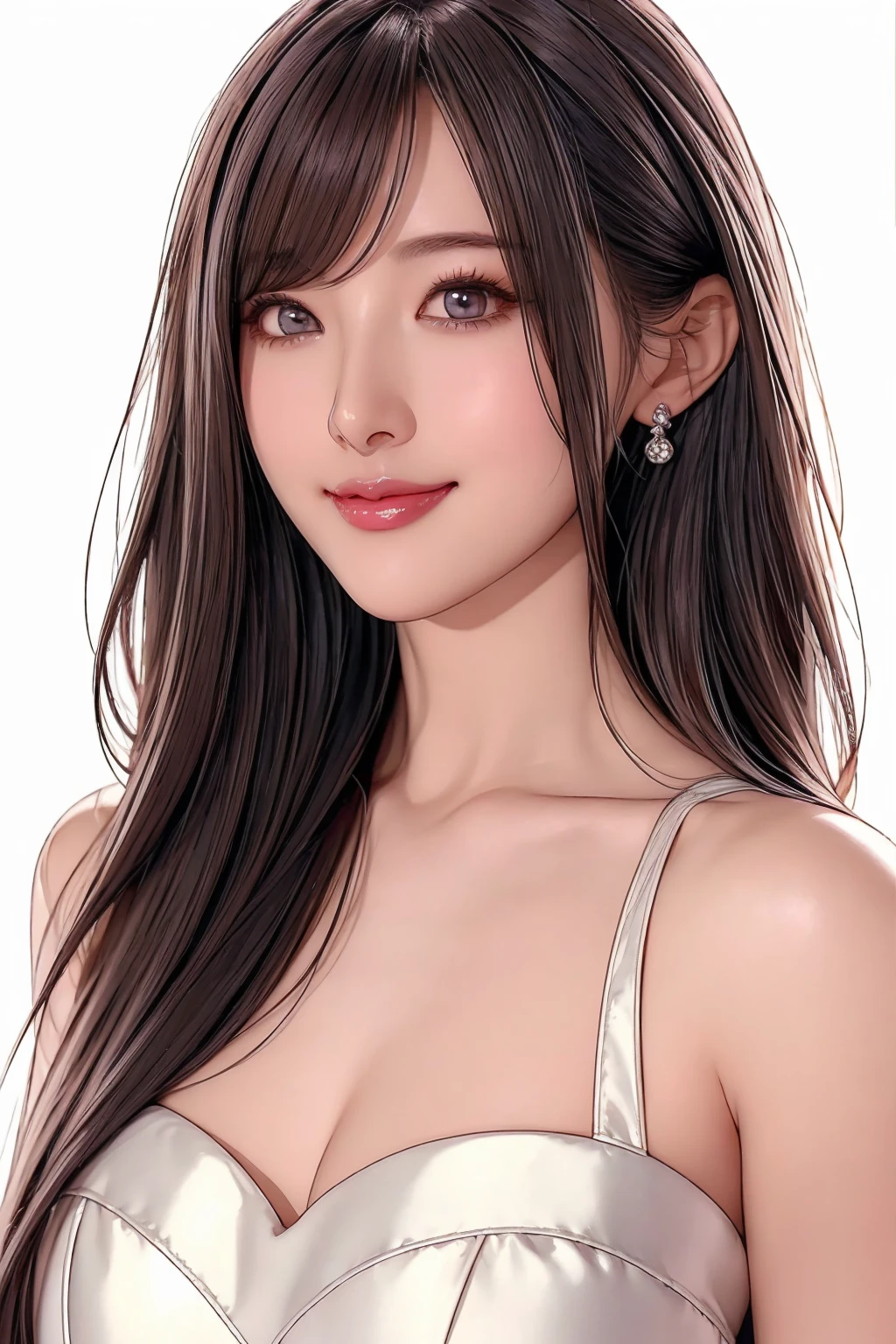 (super fine illustration) Amazing eyes、Perfect Lips、And a beautiful girl with a captivating smile、upper body Detailed and realistic portrait、Super detailed、16K、masterpiece、high quality、Negative Space、blush、eye shadow、Perfect Skin、A sophisticated face、Elegant look、Smiling Lips、Dark Eyes Chinese Model、Silky super straight long hair、Sweeping bangs Photorealistic eyeliner、Clear Eyes、White background only、Sexy adult look、Dress with open chest