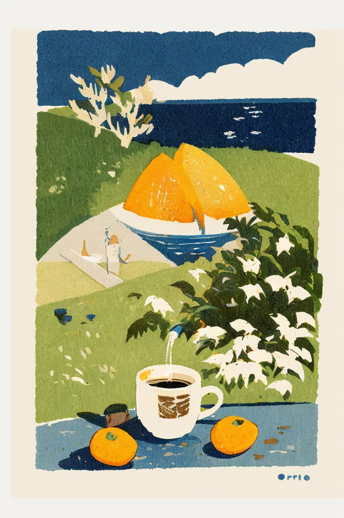 Illustration: Simple woodblock printing style.
An artist's impression of hot coffee in a rural setting. Fresh coffee beans were scattered on the wood next to him. Eroladew and apricots are in the center of the cup, emphasizing color and volume. Refreshing and you can feel the taste.