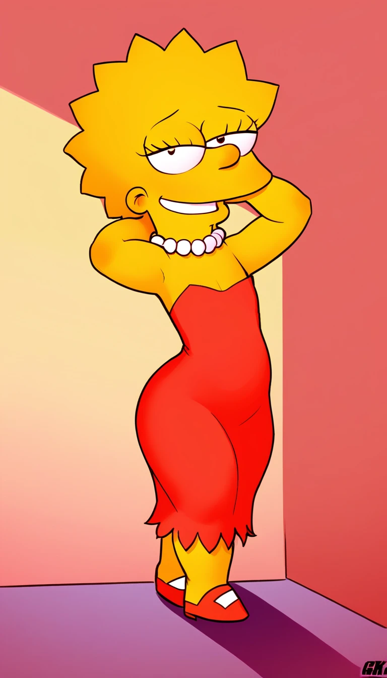 Piklez, blond pompadour going upward, small breasts, navel ,solo, bored expression, close up, rear shot, ass, low angle,
Pikattire, (long crew neck red dress:1.2), purple earrings, tight dress, house,
(insanely detailed, beautiful detailed face, masterpiece, best quality) <lora:Pickles:0.8>