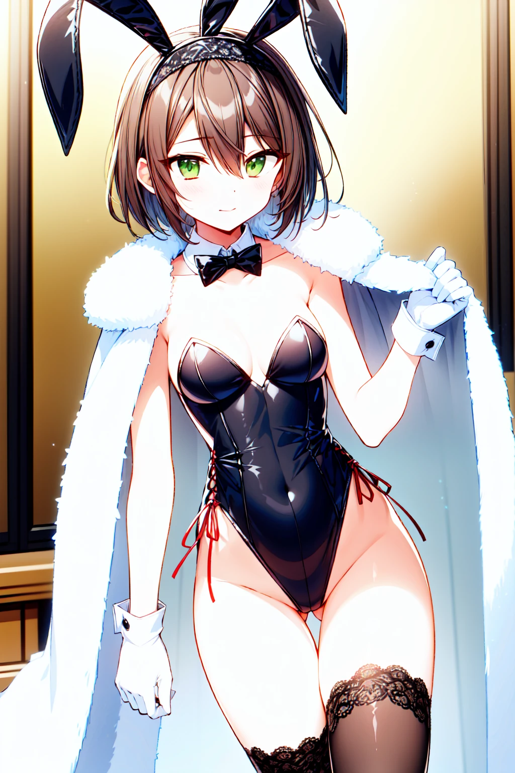 masterpiece, best quality, ultra-detailed, illustration, warm lighting, bright colors, 1girl,solo, short hair, black hair, green eyes, elizabeth_pendragon,

alternate_costume, animal_ears, black_bow, black_bowtie, black_hairband, bow, bowtie, cape, cleavage, collarbone ,fake_animal_ears, flower, fur-trimmed_cape, fur_trim, gloves, green_eyes, hair_between_eyes, hairband, lace-trimmed_legwear, lace-trimmed_thighhighs, lace_trim, looking_at_viewer, meme_attire, navel, playboy_bunny, rabbit_ears, see-through, thighhighs, tiara, traditional_bowtie, translucent_bunnysuit, white_gloves, white_thighhighs, wing_collar,

 