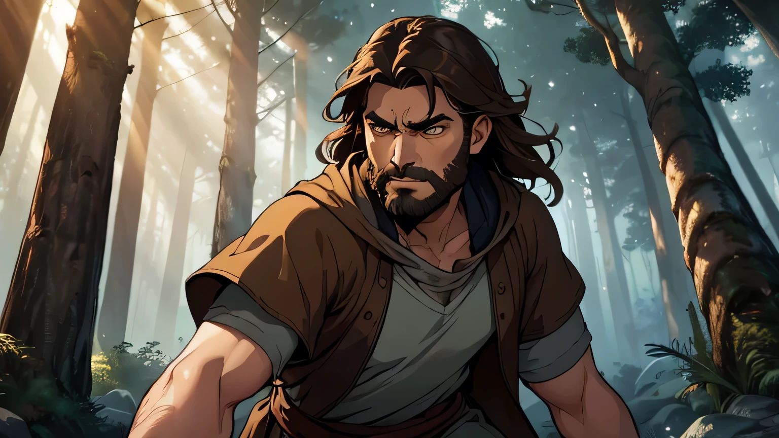 Worried-faced man with dark brown beard, long dark brown hair, light yellow-brown eyes and dark brown and light brown tunic from the 4th century BC. C., with a light brown cloak, about 50 years old, throwing stone in a dark and mysterious forest at night, running in the forest, changing lighting, hyper-realistic, cinematic lighting,
