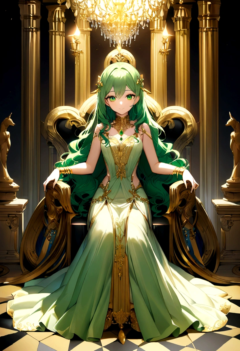 A young 18 year old woman, with long green hair that falls in soft waves over her shoulders. Her bright green eyes are captivating, radiating an intense glow that reflects its unparalleled beauty. She wears an elegant and sensual dress, similar to the second image, adorned with gold and green details, highlighting your slender and perfect figure.To adorn your already stunning appearance, she wears golden bracelets and ornaments. She is sitting on a majestic throne, with large golden columns and ornate details around. The room is lit by a dazzling chandelier, which further enhances its imposing presence and ethereal beauty.With a soft expression and a slight smile, she exudes an aura of grace and charm, further highlighting its beauty and striking presence.
