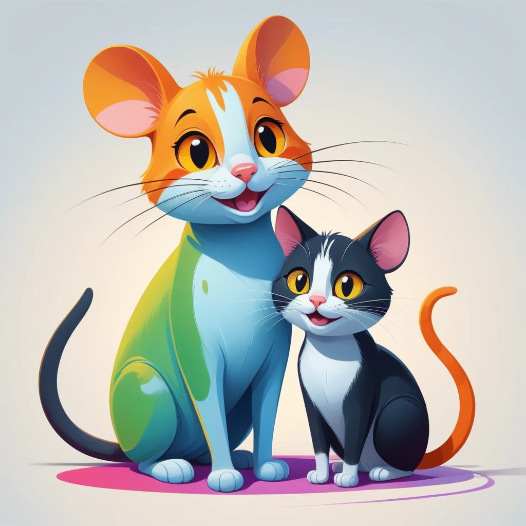 1 mouse and 1 cat, vector art, funny, smiling, looking at camera, colorful, vibrant, happy, playful, cartoon style, digital illustration, minimal style, simple shapes, bright colors, whimsical, cute, dynamic composition, high contrast, clean lines, bold colors, expressive, charming, lighthearted, joyful, whimsical, adorable, playful characters, positive mood, fun, (best quality,4k,8k,highres,masterpiece:1.2),ultra-detailed,(realistic,photorealistic,photo-realistic:1.37),digital painting
