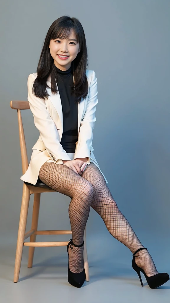 All nude,,Wearing light blue fishnet tights:1.5,The best smile:1.5,Full Body Shot:1.5,Gray background:1.5,Wearing black high heels:1.5,