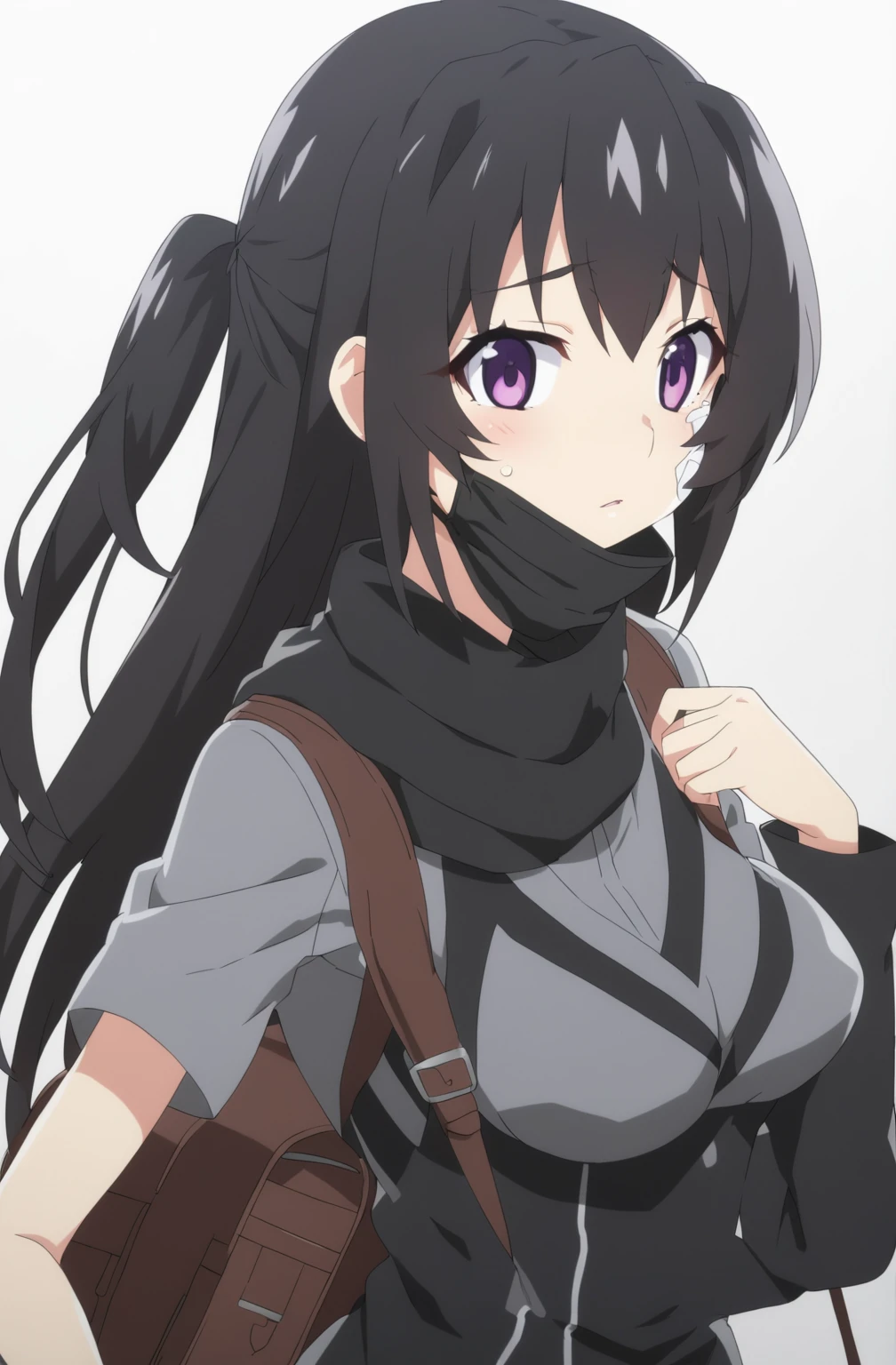 anime girl with a backpack and a mask on her face, purple eyes, anime moe artstyle, cute anime waifu in a nice dress, anime visual of a cute girl, beautiful anime high school girl, gray shirt, short skirt, anime girl with long hair, long straight hair, high quality anime artstyle, from girls frontline, anime style 4k, mature anime girl, anime girl wearing a black dress, kantai collection style,black shiny hair, normal breast