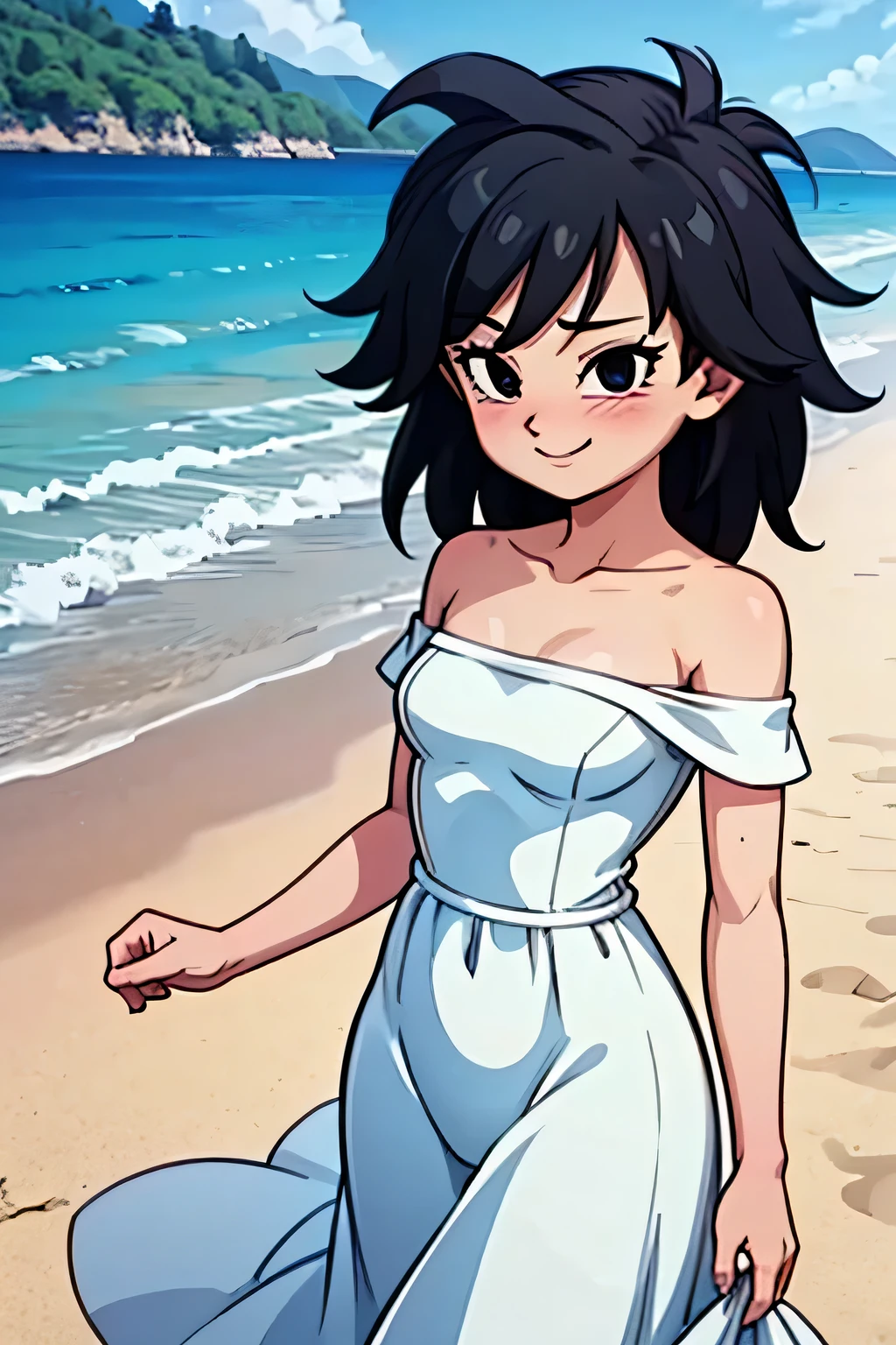 anime screencap, masterpiece, best quality, highres, outdoors, small breasts, gine, spiky black hair, 1 girl, Solo, Black Eyes, Good hands are down, Smile, Blushing, Bare Neck, Bare Shoulders, strapless, white dress, White Ruffle Off-the-Shoulder maxi dress. Cowboy shot. A landscape of the beach, sea, blue skies, sand beach. In the center. Walking on the beach with bare feets. Far from the bottom, looking at viewers