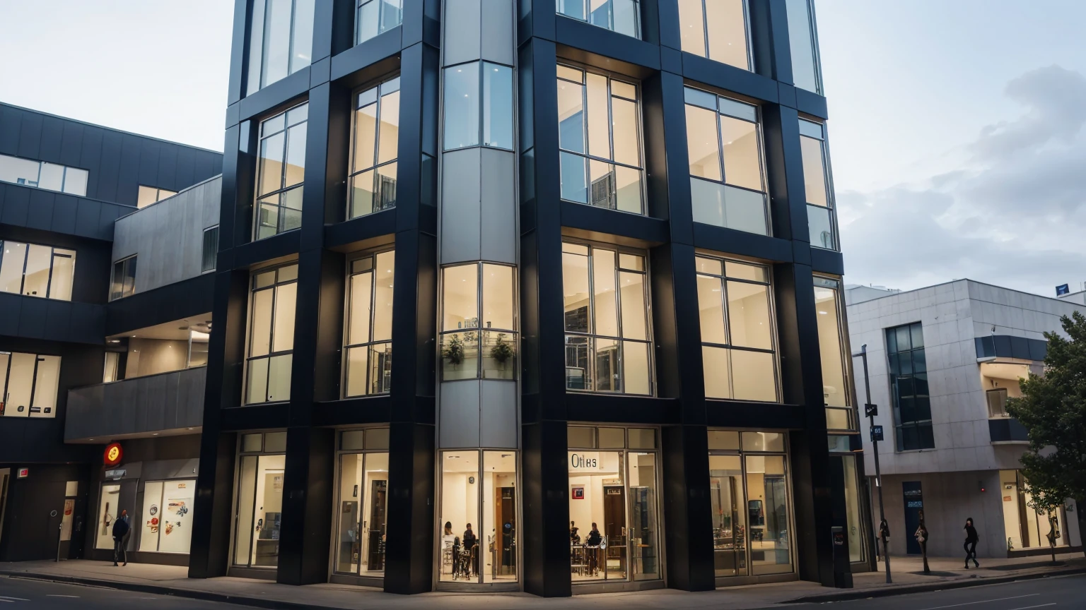 Big very large building in Double L shape intertwined.
Modern architecture, modern 4 storeys building, glass façade