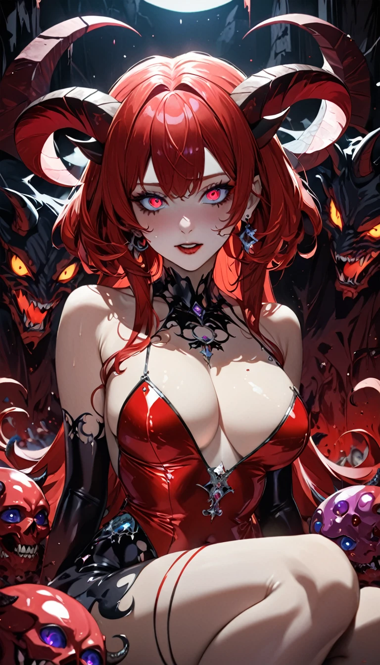 (((Best quality, 8k, Masterpiece: 1.3)), ((best quality)), ((masterpiece)), (detailed), perfect face, horns, crazy eyes, devil pupils, heterochromia, crazy, yandere, Demon girl with goat horns, enamel bodysuit, demon world, underground, dim light, red hair, gradient hair, crescent earrings, queen, wide open chest, gemstones, diamonds, sapphires