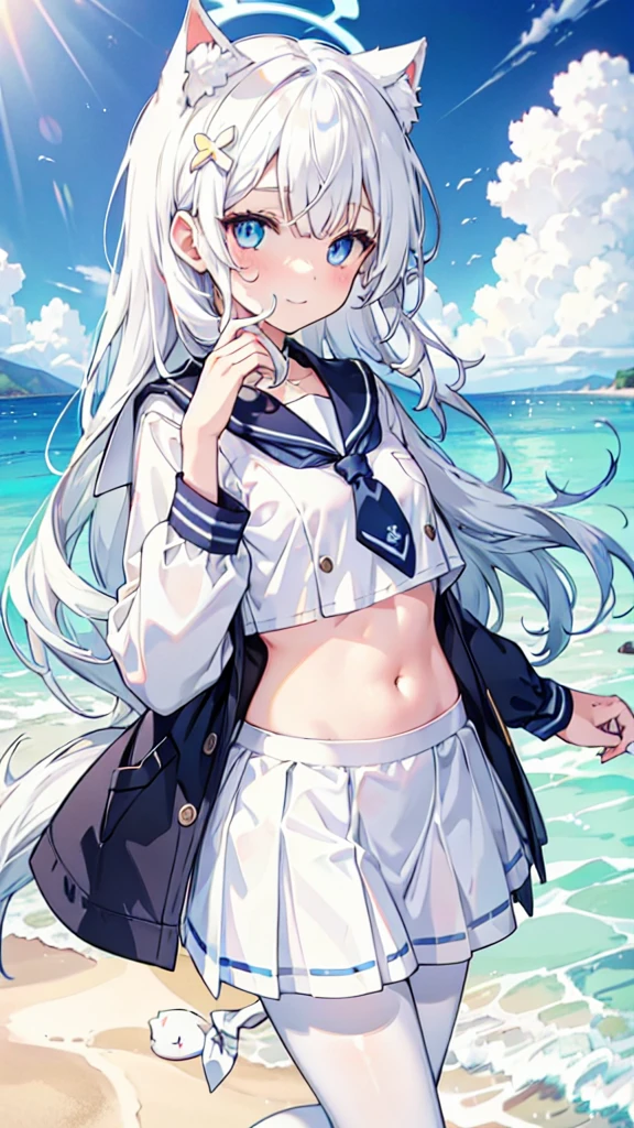 Sailor Suit，Navel，girl，White pantyhose，White hair，Long hair，Cat ear，Heterochromia blue-yellow，Smile，Female face，There are bright spots in the eyes，White little hands，Normal fingers，flat chest，On the beach，Halo，White skirt，Blue tie