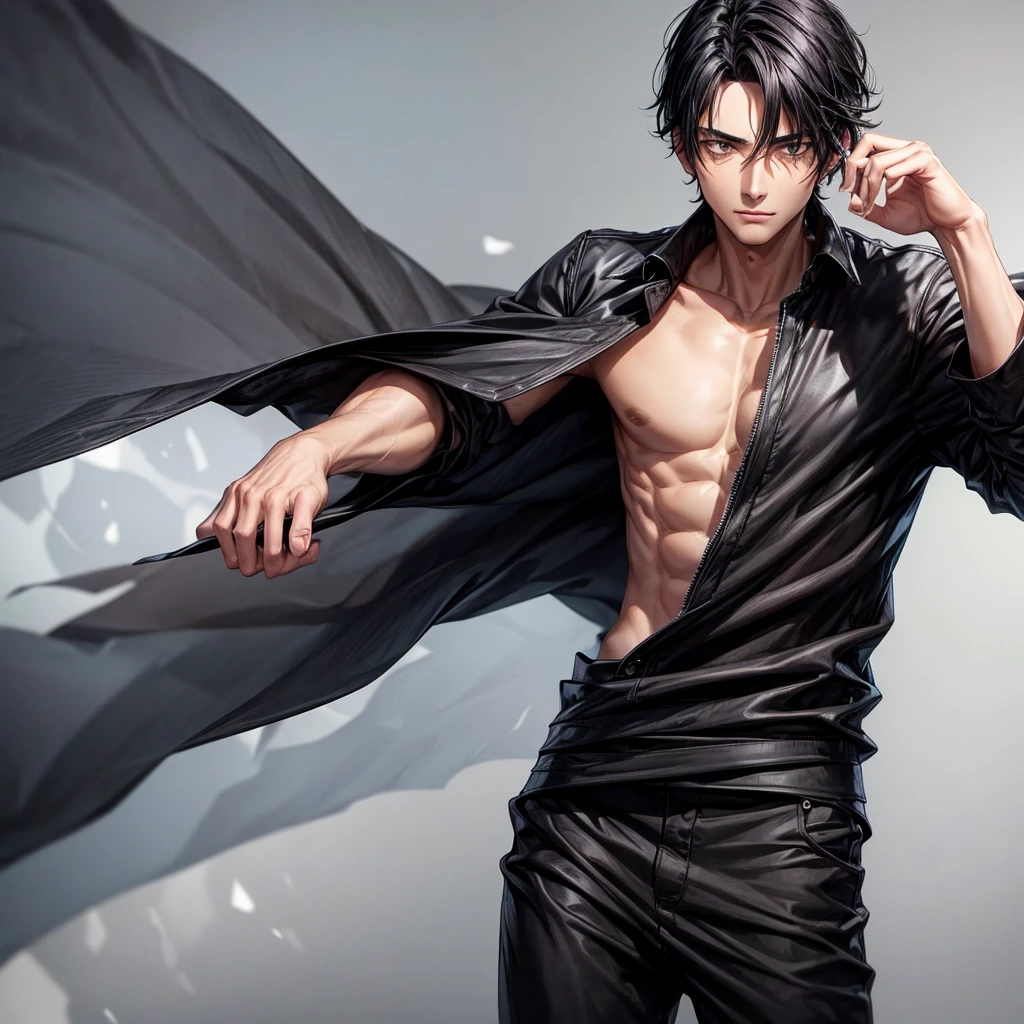 A man with black hair, hazel eyes, wearing black clothes, and is thin