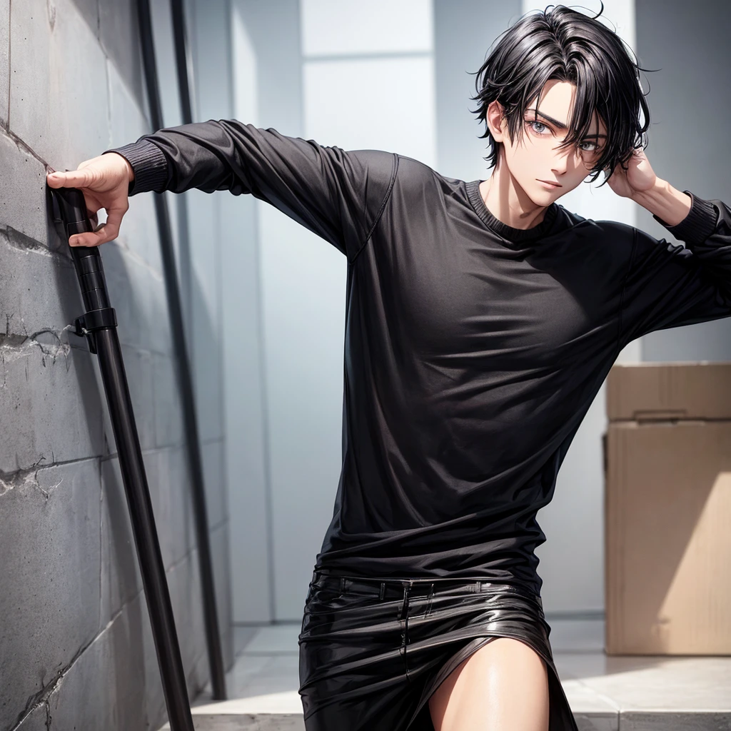 A man with black hair, hazel eyes, wearing black clothes, and is thin
