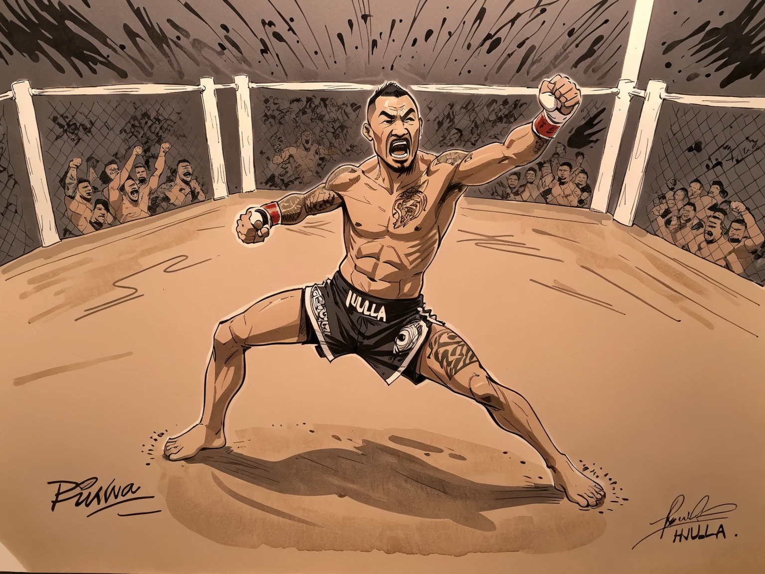 Max Blessed Holloway, ink and pen illustration, hand drawn splash panel, portrait, cel shading, strength, "I hope you guys are cheering for something", Puʻuwai, craftsmanship nuance, battle tested, heart of a fighter, cage fighting champion, Ula'ula, kumu, malama, pomaika 'i,

