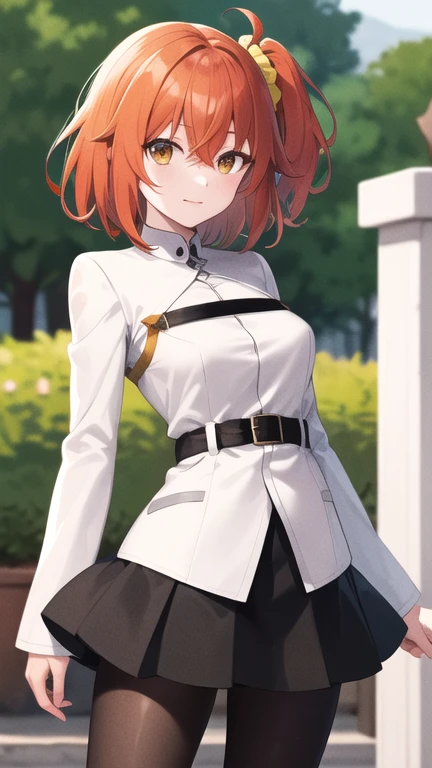 masterpiece, best quality, highres, aaritsuka, short hair, ahoge, hair scrunchie, orange scrunchie, medium breasts, white jacket, harness, long sleeves, belt, black skirt, miniskirt, black pantyhose, standing, cowboy shot, outdoors