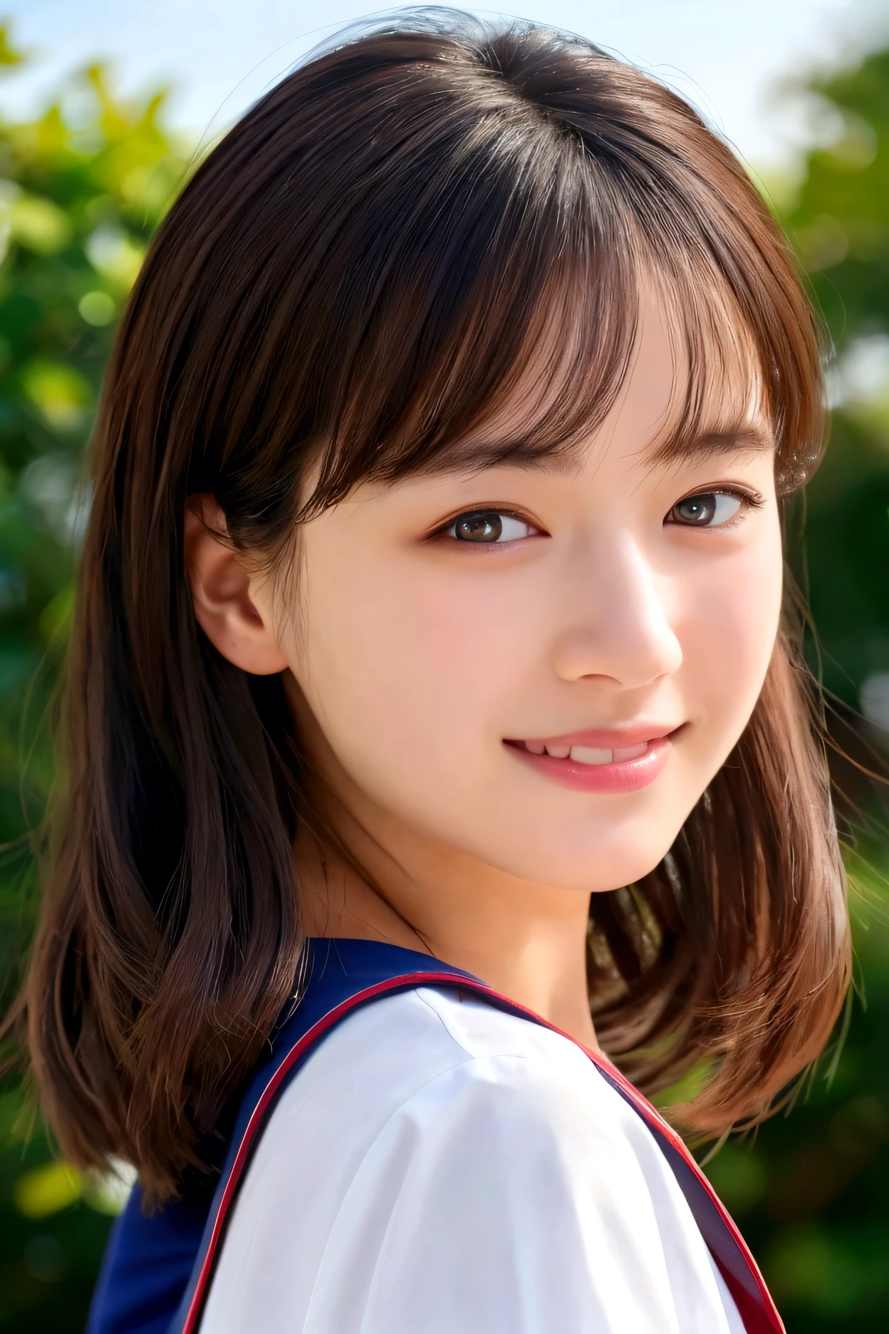 Top quality, 1 beautiful woman, Sunlight, ((masterpiece, Highest quality, High resolution)), (look back:1.3), 1 girl, smile, (Realistic: 1.4), Great face, 15 years old, Medium Hair, (Beautiful Hair:1.5), Sailor suit, The background is a school building, Side angle, (Close-up of face:1.3), Smooth, Highly detailed CG composite 8K wallpaper, High resolution RAW color photos, Professional photography, Light, BackLight, dream-like, impressive, Written boundary depth