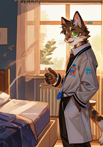 All White cat, anthropomorphic, bedroom, shirtless, green eyes, happy, standing, male,