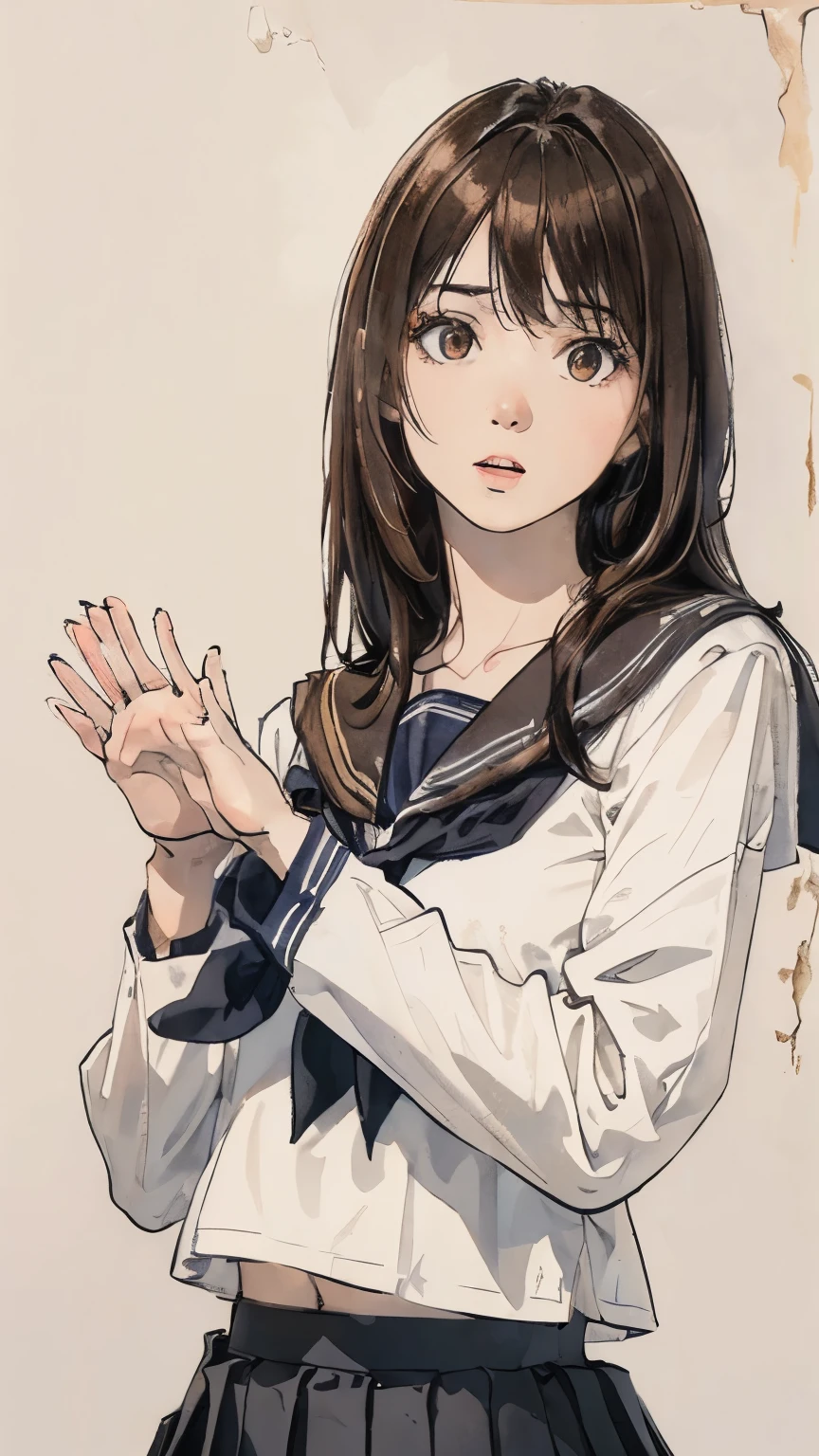 (Highest quality、8K、32k、masterpiece)、(Realistic)、(Realistic:1.2)、(High resolution)、Very detailed、Very beautiful face and eyes、1 Girl、Round and small face、Tight waist、Delicate body、(Highest quality、Attention to detail、Rich skin detail)、(Realistic、Realistic:1.37)、Bright colors、(((Brown Hair)))、(((Upper Body Shot)))、(((Long Hair)))、(((Fair skin)))、(((White wall background)))、(((White wall background)))、(((Surprised expression)))、(((Waving both hands)))、(((Wear a sailor uniform)))、(((Black pleated skirt)))