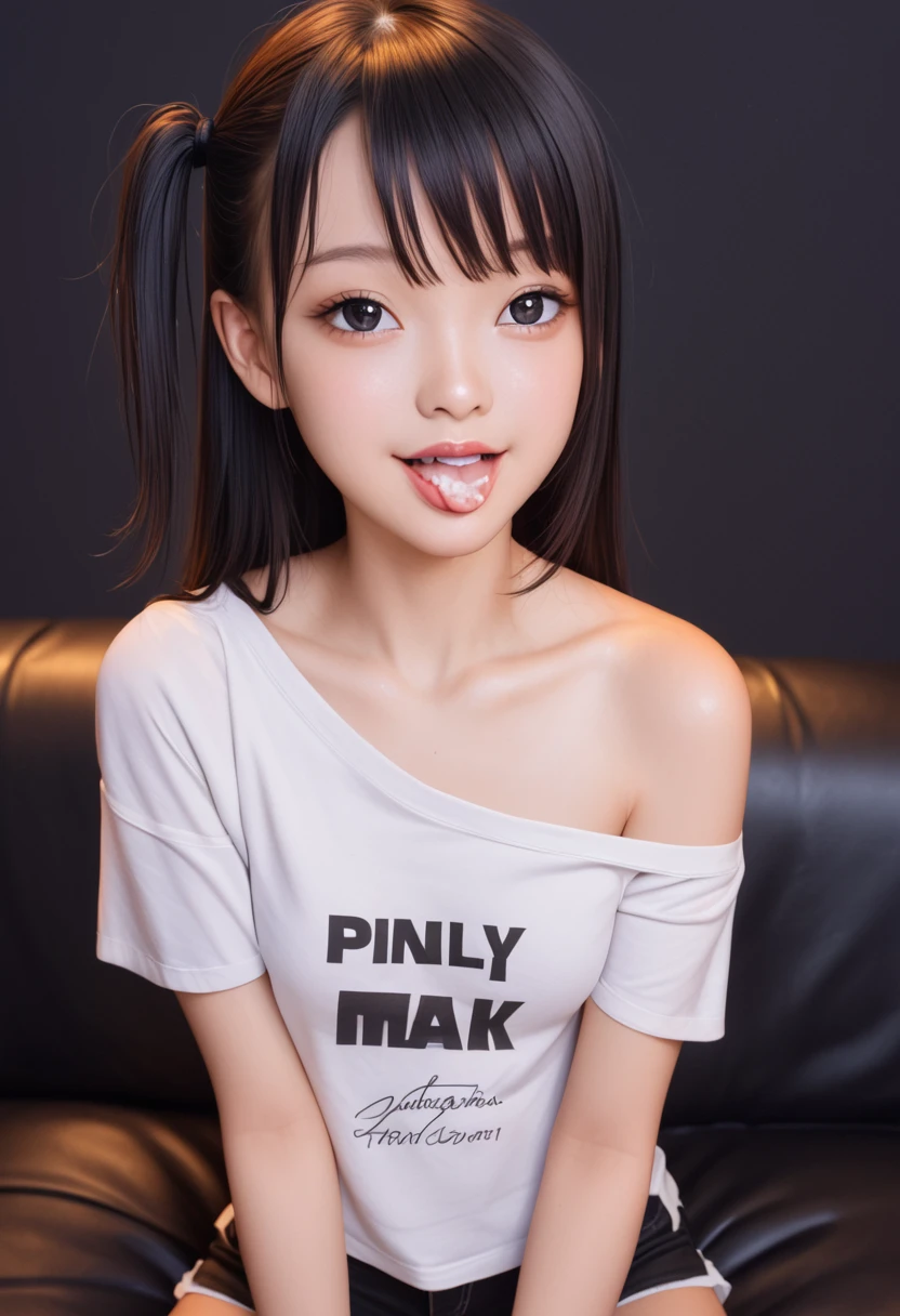 ollarbone,white t-shirt,off-shoulder look,bare shoulder,midriff peek,micro shorts,open mouth,tongue out,cum on tongue,Black sofa,sit,looking ahead,from above,flont view,upper body,(1girl,Beautiful 14 year old girl),((Slender,Small breasts,Small face,)),looking at viewer,Black Hair,bangs,one side up,Beautiful and detailed,Mischievous smile,Dimly lit room,Simple Background,Black background,Low lighting