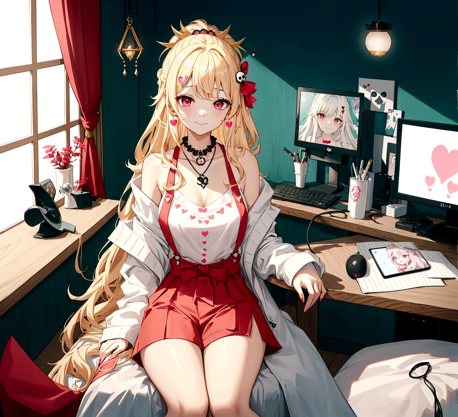 ((최고의 품질)), ((걸작)), (상세한), 여자 1명, Create an anime-style digital artwork of a character with long, straight blonde hair and bright red eyes. The character is wearing a white cardigan over a black tank top and dolphin shorts. She is accessorized with a pink heart pendant choker and long, decorative earrings. Her hair features a red heart and skull hairpin on the side. The character is sitting in her room in front of a desktop computer, smiling warmly. The background should show a cozy room with soft lighting, with elements like a computer desk, monitor, and some personal items scattered around. The overall mood should be relaxed and inviting, capturing the essence of a casual day indoors.
