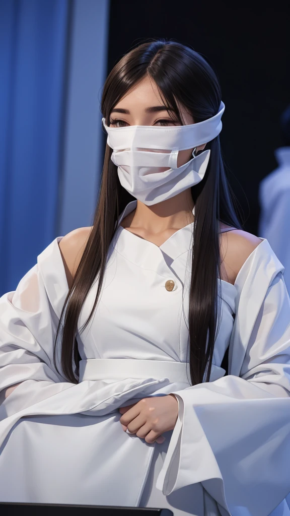 Image of a woman in a white dress covering her eyes with a white cloth