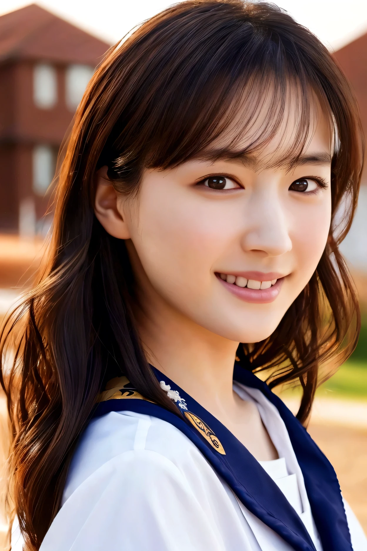 Top quality, 1 beautiful woman, Sunlight, ((masterpiece, Highest quality, High resolution)), (look back:1.3), 1 girl, smile, (Realistic: 1.4), Great face, 15 years old, Medium Hair, (Beautiful Hair:1.5), Sailor suit, The background is a school building, Side angle, (Close-up of face:1.3), Smooth, Highly detailed CG composite 8K wallpaper, High resolution RAW color photos, Professional photography, Light, BackLight, dream-like, impressive, Written boundary depth