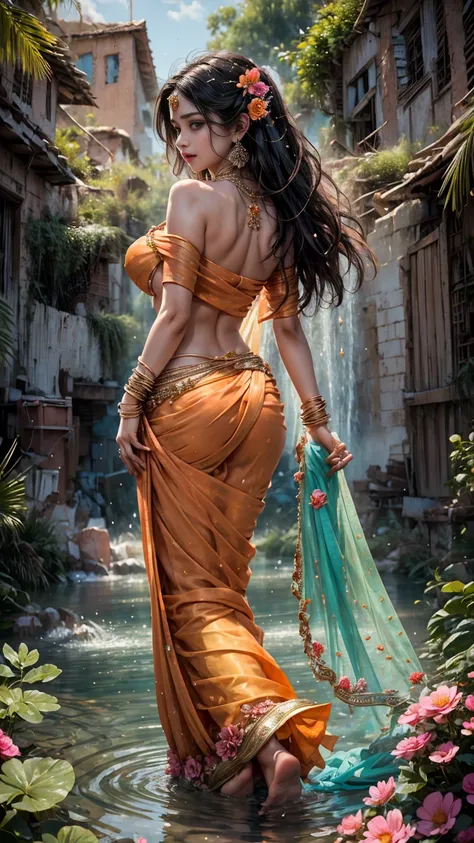 portrait,(nsfw 0.75) boy,woman, ((princess pose)) ,very very big breast, soft nylon sexy saree , orange , pink ,teal,red, yellow...