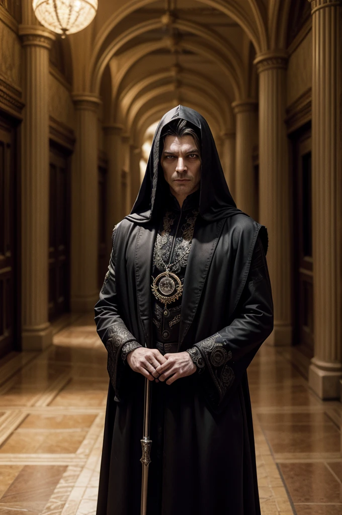 He is standing in the palace hall, emanating a presence that inspires respect and awe. Your figure is thin and aged, with skin pale as the moon and deeply wrinkled by the passing of centuries. His eyes are intense red like burning embers, shining with the wisdom and power accumulated throughout his long life as a vampire.He holds an ebony cane with intricate carvings, which appears to be both an accessory and an extension of his own power. Every detail of the cane reflects your high position and strength among vampires., a constant reminder of his advanced age and indisputable experience.Dressed in a black robe and silver ornaments that sparkle in the candlelight, he radiates an aura of authority that does not need words to be recognized. Around her, the hall of the Gothic palace echoes with the ancient story of his reign, with tapestries that depict their achievements and victories over the centuries.His serious, stern face reflects decades of difficult decisions and responsibilities inherent in leadership among vampires.. His thin lips occasionally curve into an enigmatic smile., revealing a glimpse of dark humor that contrasts with his austere appearance.He stands in the center of the hall like a legendary figure, a keeper of ancient secrets and a respected leader among vampires, ready to face any challenge that threatens your dark kingdom and position of power.