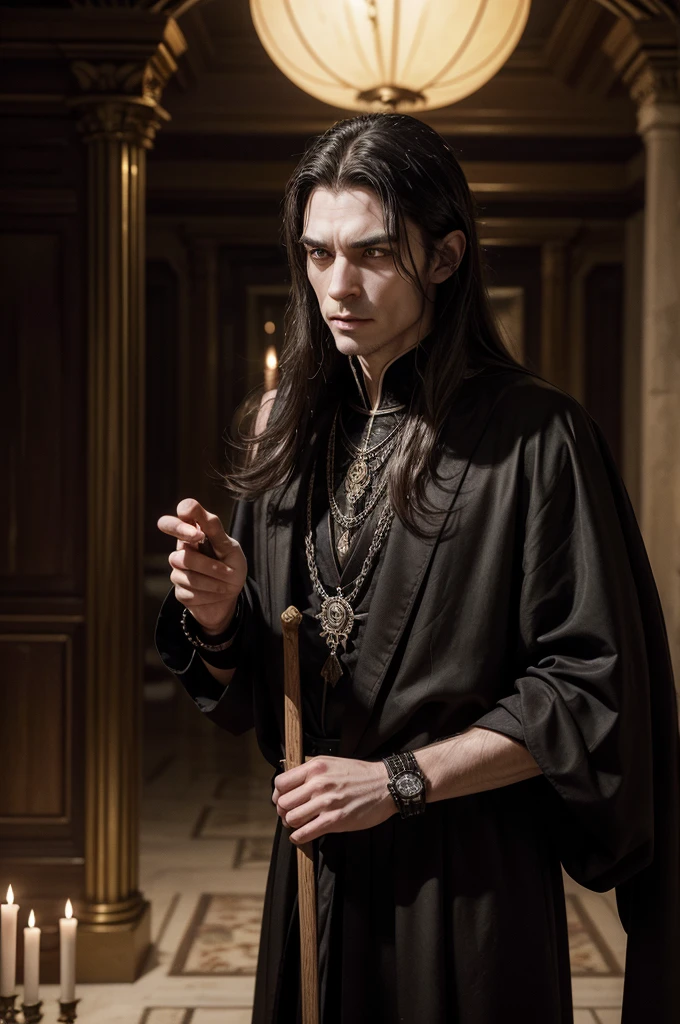 He is standing in the palace hall, emanating a presence that inspires respect and awe. Your figure is thin and aged, with skin pale as the moon and deeply wrinkled by the passing of centuries. His eyes are intense red like burning embers, shining with the wisdom and power accumulated throughout his long life as a vampire.He holds an ebony cane with intricate carvings, which appears to be both an accessory and an extension of his own power. Every detail of the cane reflects your high position and strength among vampires., a constant reminder of his advanced age and indisputable experience.Dressed in a black robe and silver ornaments that sparkle in the candlelight, he radiates an aura of authority that does not need words to be recognized. Around her, the hall of the Gothic palace echoes with the ancient story of his reign, with tapestries that depict their achievements and victories over the centuries.His serious, stern face reflects decades of difficult decisions and responsibilities inherent in leadership among vampires.. His thin lips occasionally curve into an enigmatic smile., revealing a glimpse of dark humor that contrasts with his austere appearance.He stands in the center of the hall like a legendary figure, a keeper of ancient secrets and a respected leader among vampires, ready to face any challenge that threatens your dark kingdom and position of power.