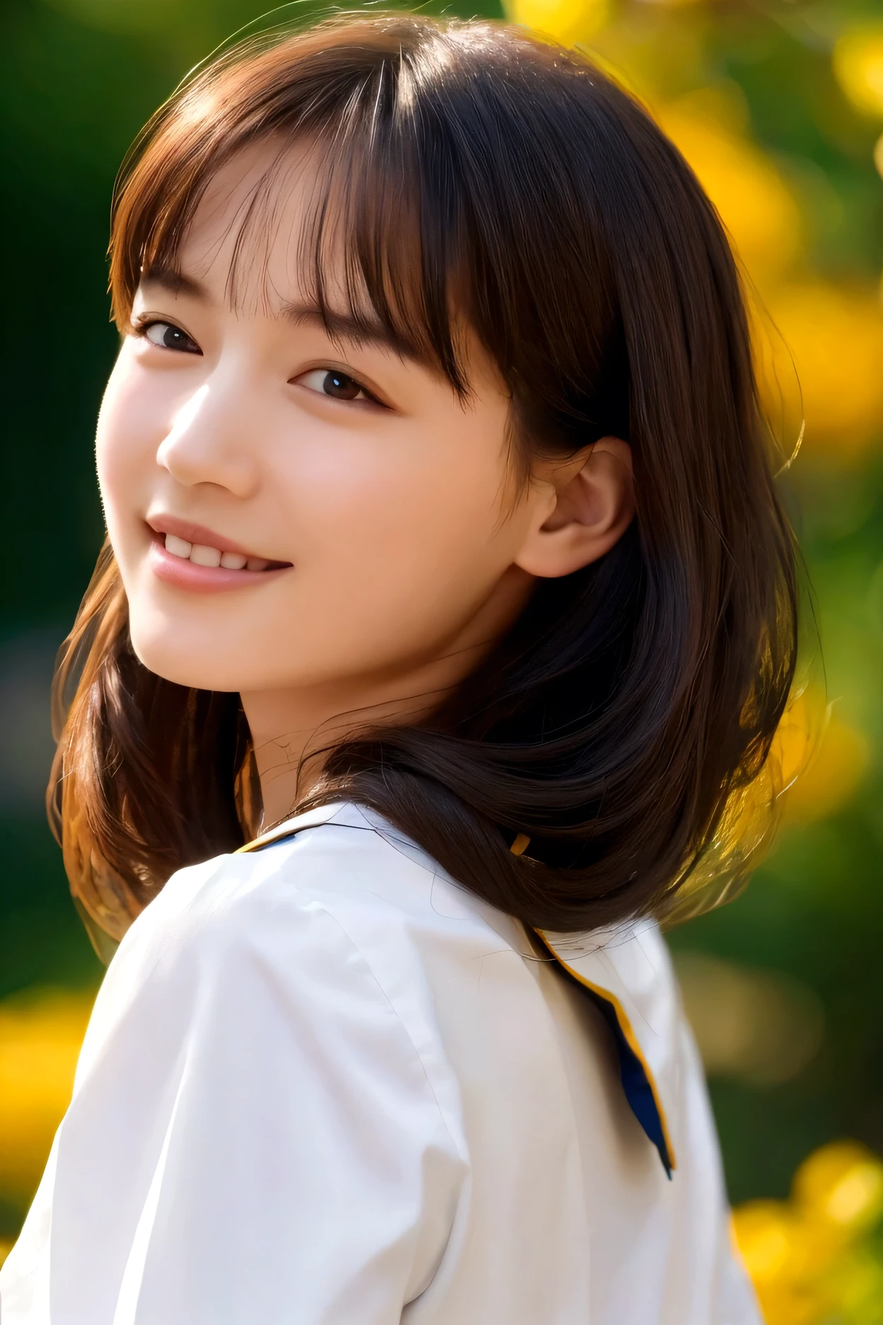 Top quality, 1 beautiful woman, Sunlight, ((masterpiece, Highest quality, High resolution)), (look back:1.3), 1 girl, smile, (Realistic: 1.4), Great face, 15 years old, Medium Hair, (Beautiful Hair:1.5), Sailor suit, The background is a school building, Side angle, (Close-up of face:1.3), Smooth, Highly detailed CG composite 8K wallpaper, High resolution RAW color photos, Professional photography, Light, BackLight, dream-like, impressive, Written boundary depth