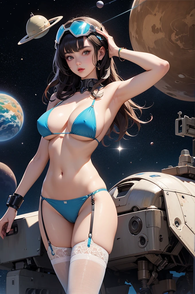 Alien desert surface, Space Fantasy,sf,Futuristic miniature mech vehicles from the 50s, Girl in transparent helmet and colorful micro bikini、(Cleavage exposure、Expose your arms、Navel exposure、Exposed thighs)large drooping 、large drooping , (Garter Stockings),