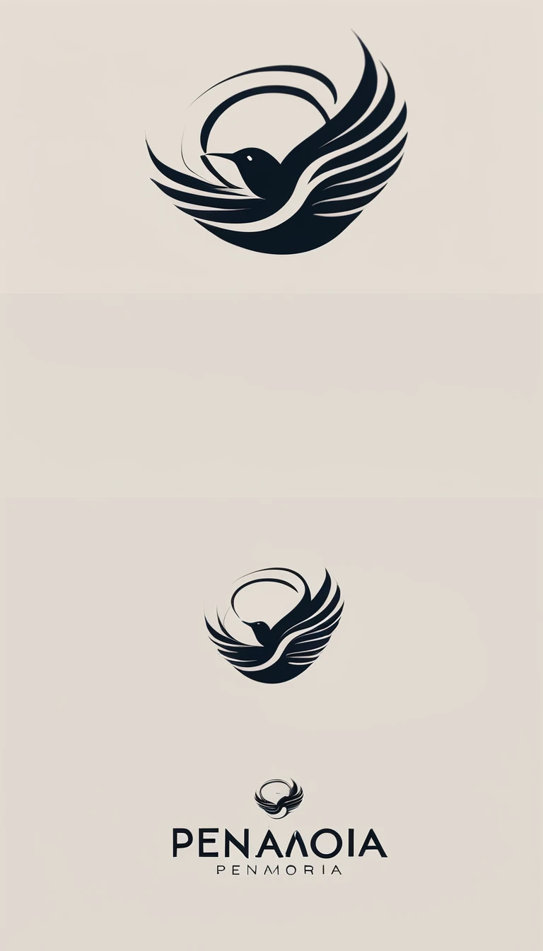 A minimal, modern, simple, cinematic logo design for the brand “Penamemoria". Create a modern, minimalistic, high-quality, logo of a feather-bird