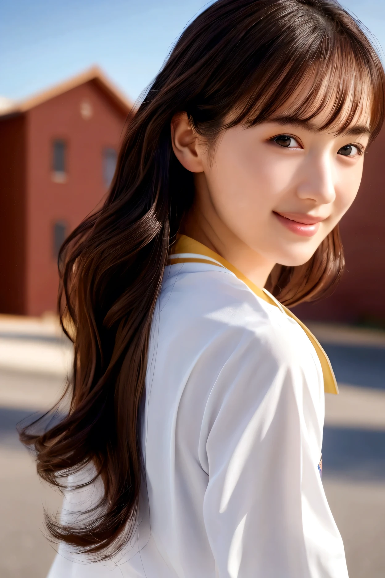 Top quality, 1 beautiful woman, Sunlight, ((masterpiece, Highest quality, High resolution)), (look back:1.3), 1 girl, smile, (Realistic: 1.4), Great face, , Medium Hair, (Beautiful Hair:1.5), Sailor suit, The background is a school building, Side angle, (Close-up of face:1.3), Smooth, Highly detailed CG composite 8K wallpaper, High resolution RAW color photos, Professional photography, Light, BackLight, dream-like, impressive, Written boundary depth