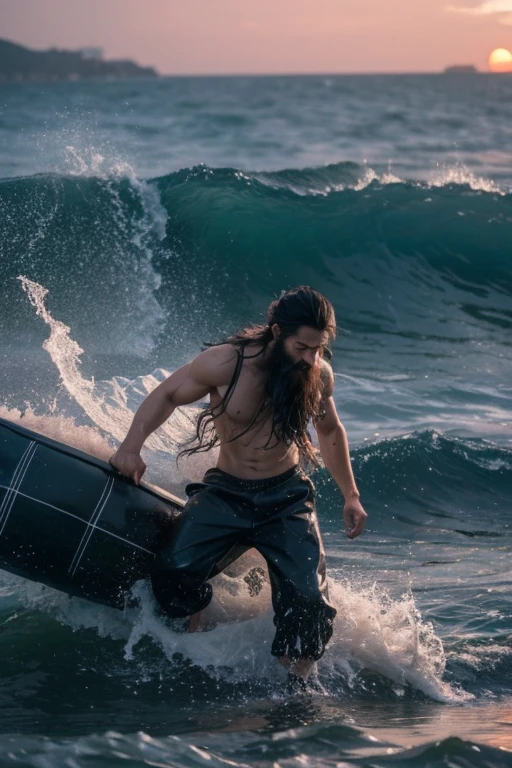 one、Keyword of the protagonist：Chinese men，Wet shirt, Exhausted, Long hair, Unkempt beard, Worn canvas pants, Scratched arm, Deep eyes, Blisters on the feet, Clenched fist, A spark of hope。

Story breakdown：

镜头one：Overlooking, waves crashing, The raft rocked, The sky is clouded over, At dusk, Dim light;