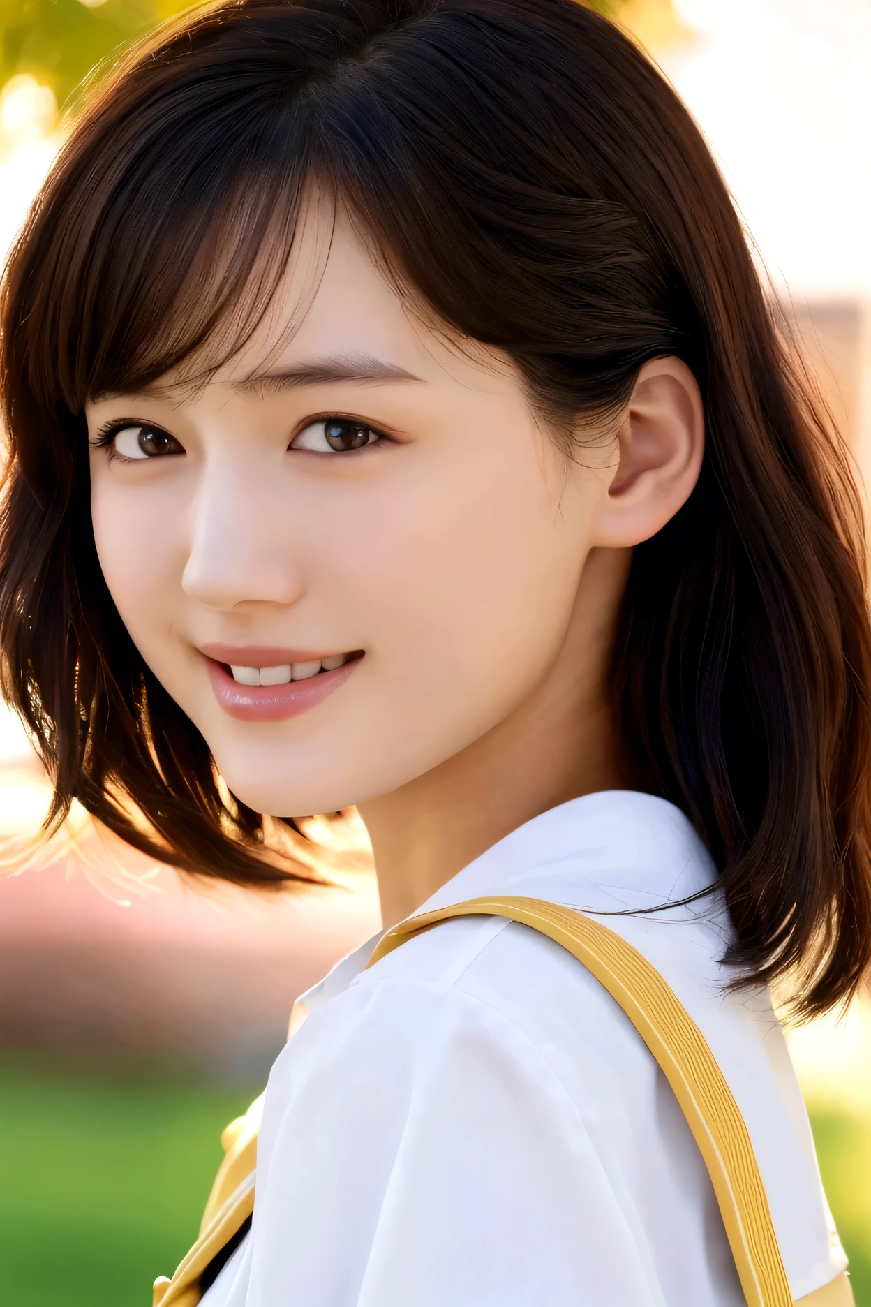 Top quality, 1 beautiful woman, Sunlight, ((masterpiece, Highest quality, High resolution)), (look back:1.3), 1 girl, smile, (Realistic: 1.4), Great face, , Medium Hair, (Beautiful Hair:1.5), Sailor suit, The background is a school building, Side angle, (Close-up of face:1.3), Smooth, Highly detailed CG composite 8K wallpaper, High resolution RAW color photos, Professional photography, Light, BackLight, dream-like, impressive, Written boundary depth