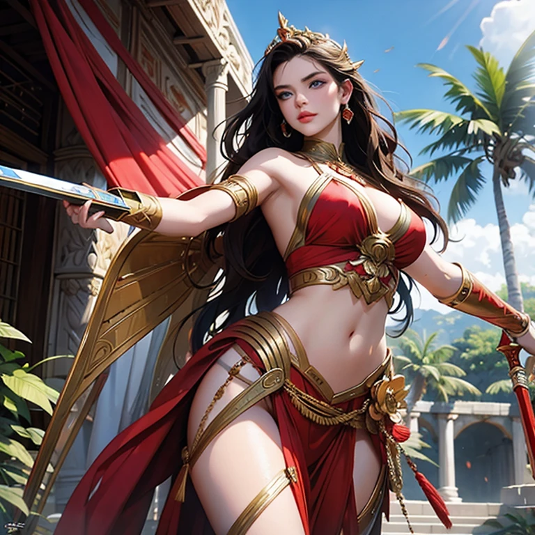 a beautiful woman with long dark hair, blue eyes, and sculpted facial features, wearing a red and gold armored costume, wielding a sword and lasso, standing in a lush tropical paradise setting with beaches, palm trees, and ancient Greek architecture in the background, dynamic action pose, photorealistic, 8k, highly detailed, dramatic lighting, vivid colors, cinematic style