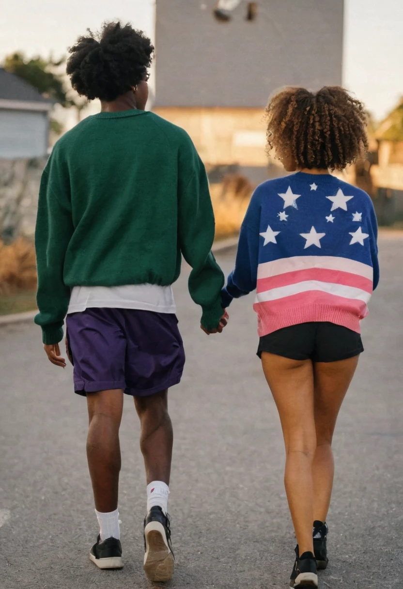 A boy from behind, with dirty baseball clothes and a backwards cap and a glove in the back pocket, curly hair around the neck and light skin walking with a girl next to him, with dark skin and afro hair, short in two buns with a wide sweater and shorts and hands behind, in a background with the dawn
