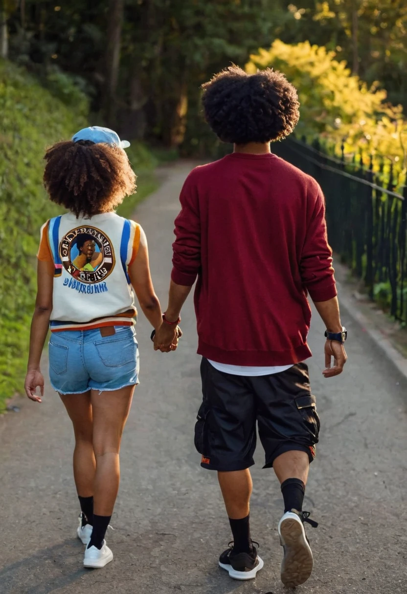 A boy from behind, with dirty baseball clothes and a backwards cap and a glove in the back pocket, curly hair around the neck and light skin walking with a girl next to him, with dark skin and afro hair, short in two buns with a wide sweater and shorts and hands behind, in a background with the dawn