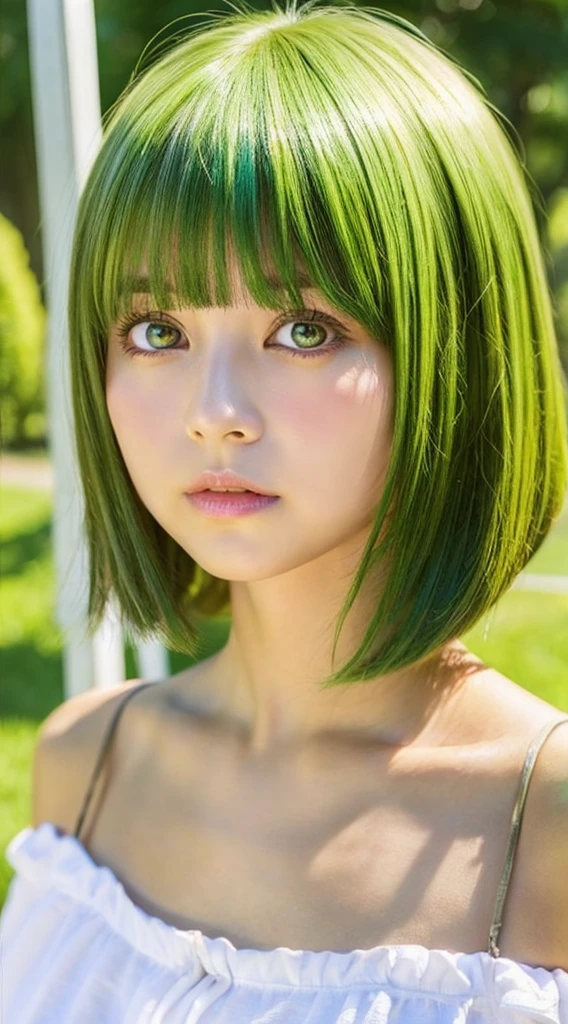 kawaii girl、golden bob cut hair、Big green eyes、