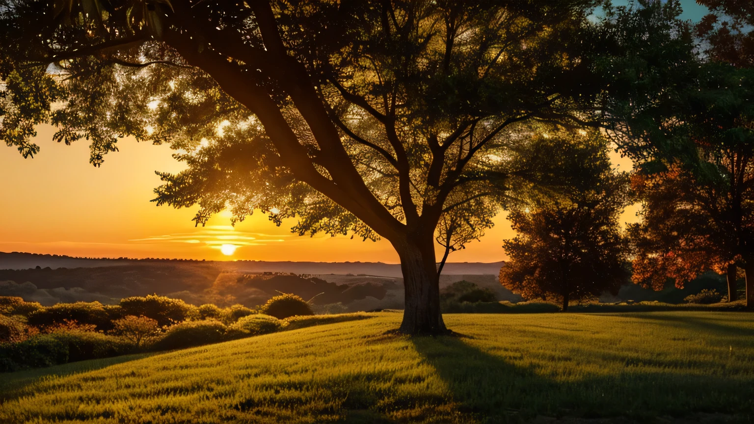 A majestic tree, its intricate details illuminated by the warm glow of a breathtaking sunset. Lush foliage with vibrant complementary colors creates a dramatic atmosphere. Capture the scene with cinematic lighting and depth of field for a photorealistic, ultra-detailed masterpiece in 8K resolution. (Nature, Landscape)