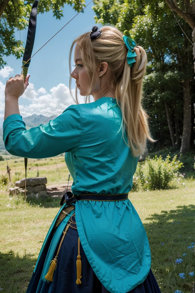 In the center of a vibrant fantasy landscape, a young woman with blond hair and bright blue eyes stands in an archery stance. She is dressed in a green dress that contrasts beautifully with her black gloves. Her bow is thrown back, ready to release the arrow into the air. The background is filled with lush trees and high mountains under clear skies, adding depth to the scene. Above her head is the majestic bird eagle.