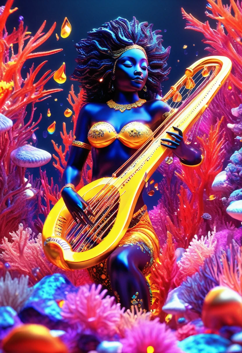 A luminescent 3D render of a black mermaid underwater playing the harp, reclining amidst a kaleidoscopic of coral reefs and seashells, jelly fish, starfish, fish with multiple colours shimmering with an otherworldly glow, like a celestial omen. The image bursts with vibrant, exaggerated hues, reminiscent of Pixar's fantastical realms, illuminated by a dramatic ring light that underscores the surreal quality of this intergalactic oasis.