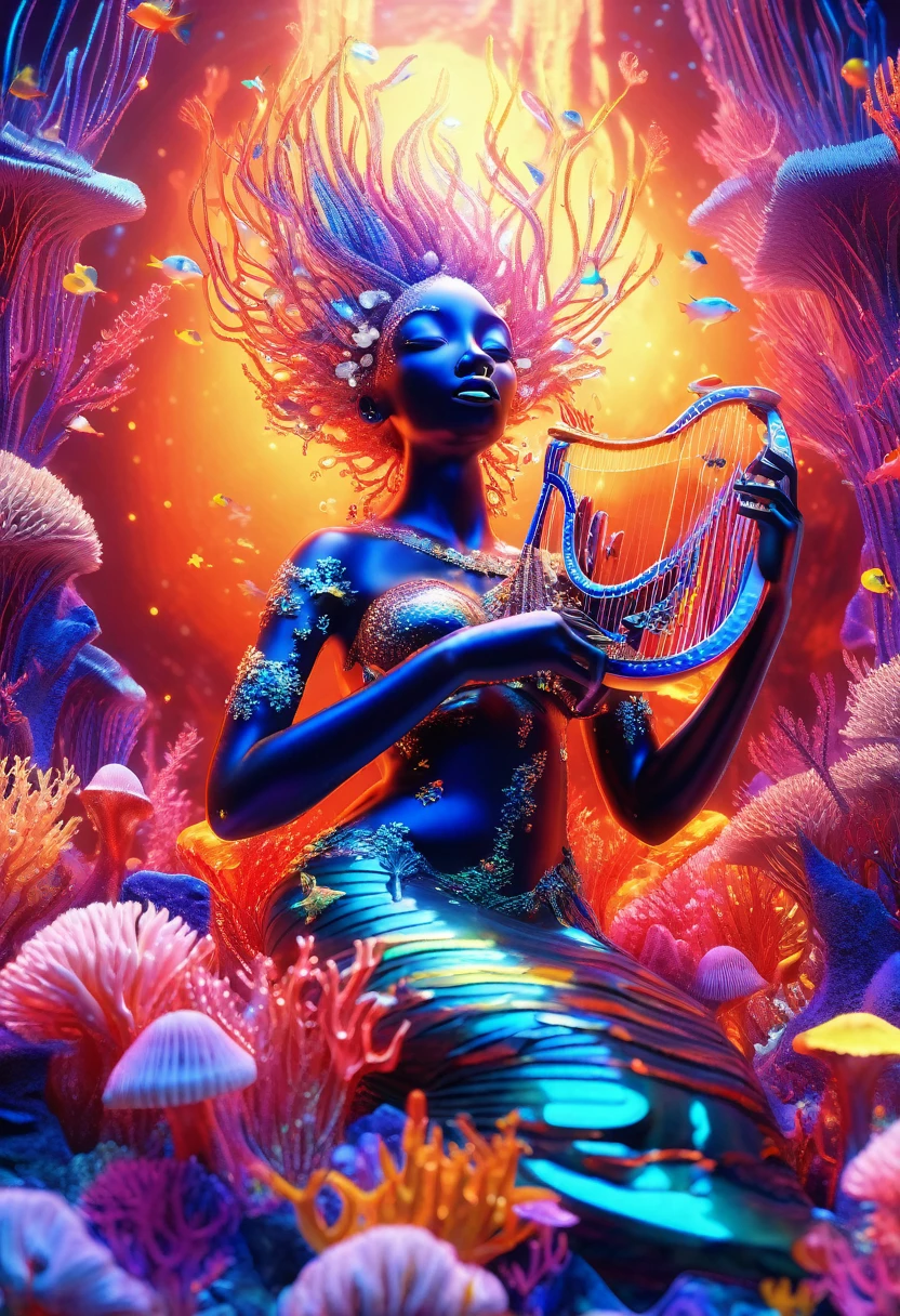 A luminescent 3D render of a black mermaid underwater playing the harp, reclining amidst a kaleidoscopic of coral reefs and seashells, jelly fish, starfish, fish with multiple colours shimmering with an otherworldly glow, like a celestial omen. The image bursts with vibrant, exaggerated hues, reminiscent of Pixar's fantastical realms, illuminated by a dramatic ring light that underscores the surreal quality of this intergalactic oasis.