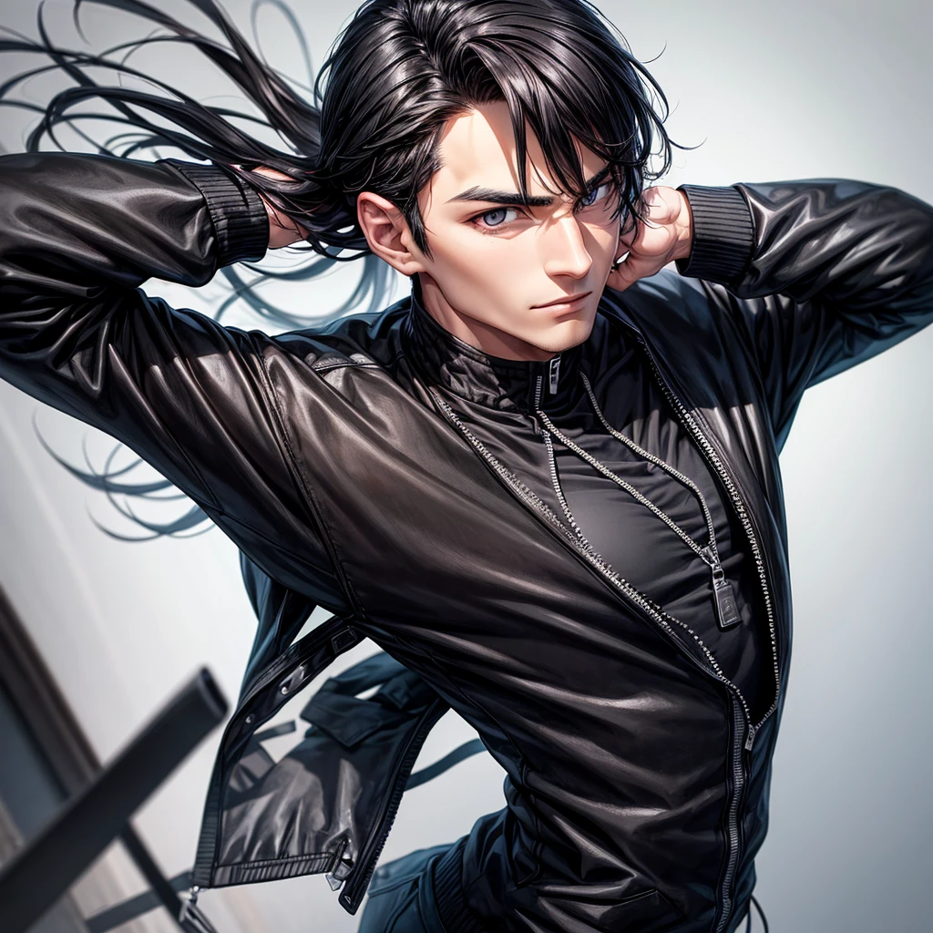 A man with black hair, hazel eyes, wearing black clothes, and is thin Realistic apparel jacket details