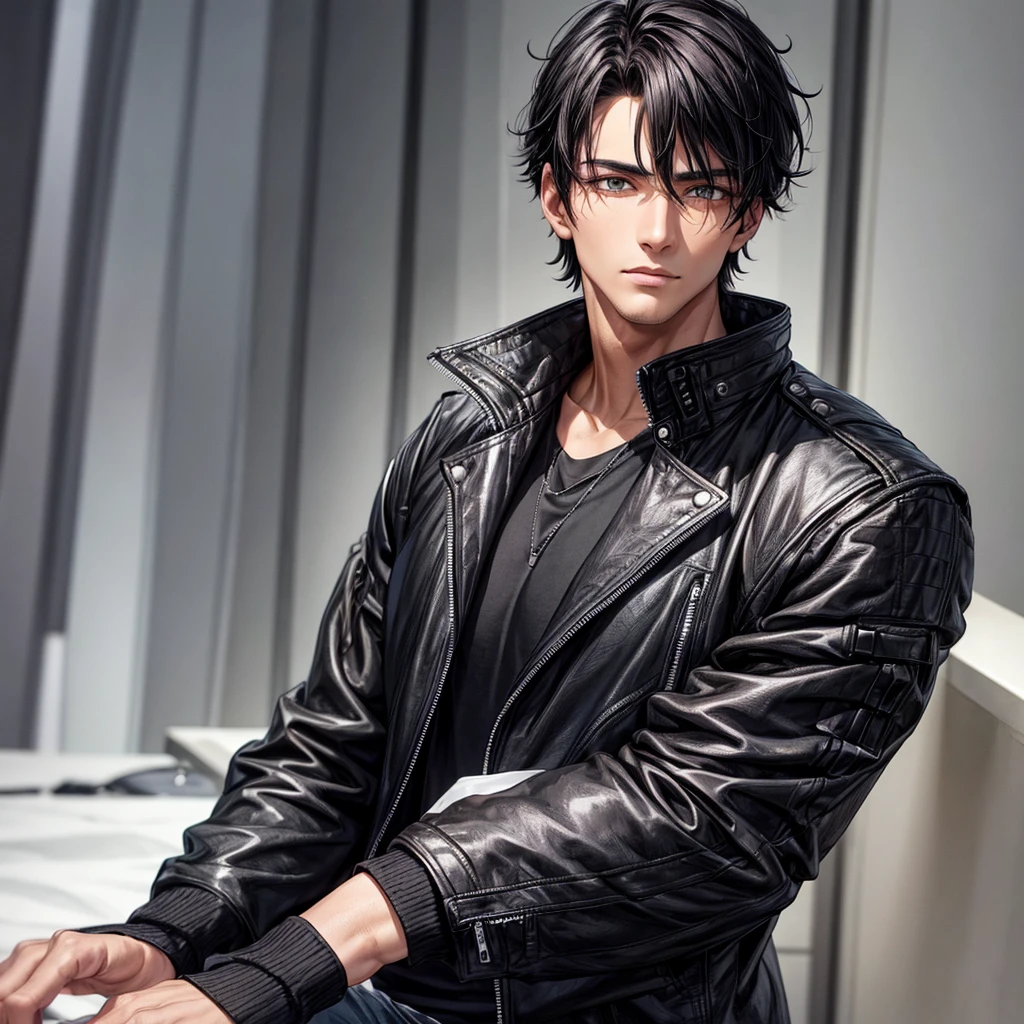 A man with black hair, hazel eyes, wearing black clothes, and is thin Realistic apparel jacket details