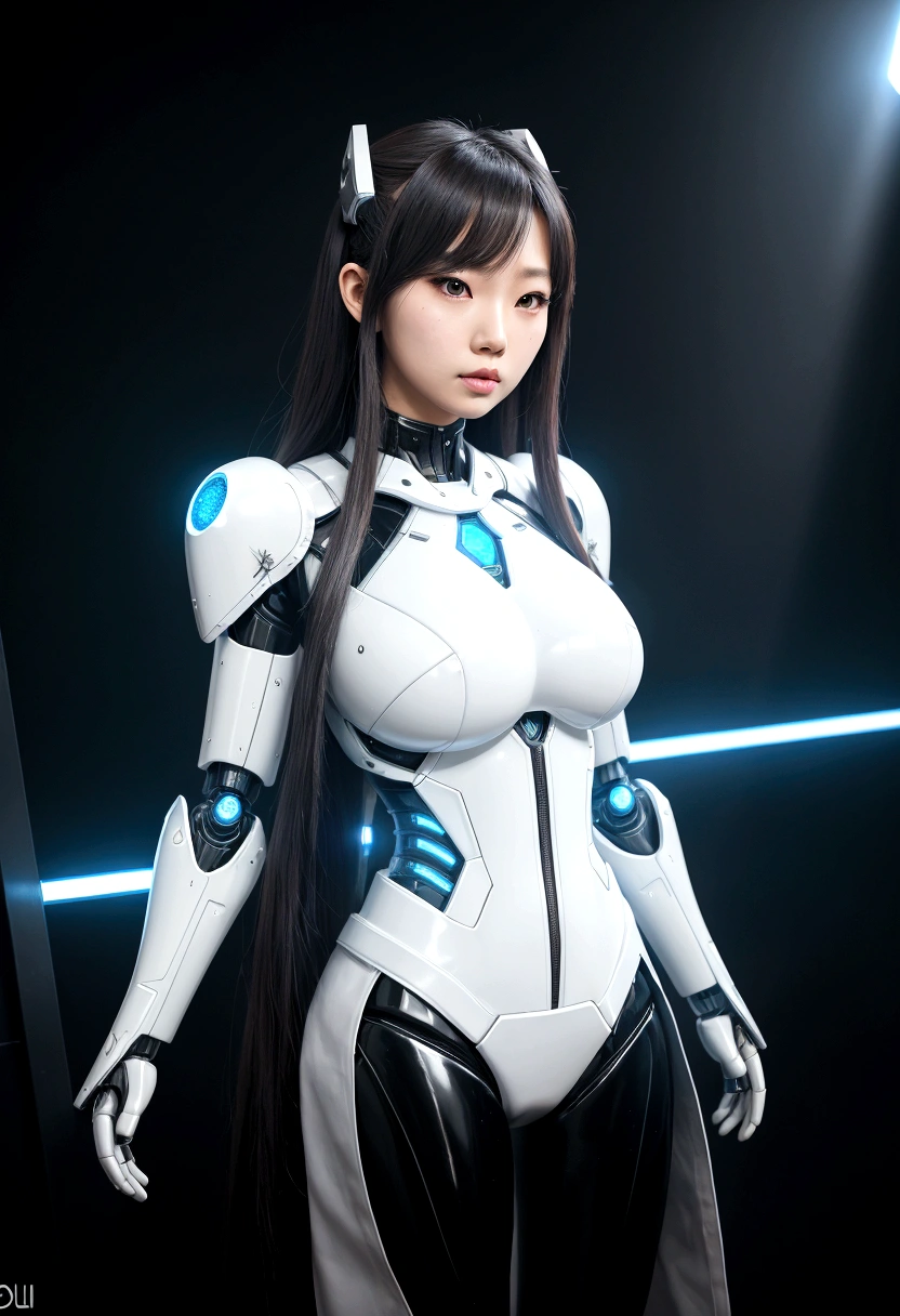 asian woman, standing, stop FRONT VIEW, tez blanca, korean, tits, futuristic clothing, modern outfit provided, NO DEFORMATIONS, beautiful, robot, cyborg, android, light, laser, League of Legends, splah art, sexy, the payment, chrome, Metal, FNAF, Animatronic, White y negro, shadows, contrast, linda, beauty, goddess, kpop, Twice, Blackpink, warframe, robots, EVERGLOW, Aespa, idol, star wars, steel, iron, Metal, the payment, Dark, lingerie, Dorado, gold, lights, trails, cables, wires, doll, doll, doll, haydee. neutral background, armor, haydee, hair without bangs, hair on the sides, long straight hair, hair without bangs, hair on the sides, White, White, oppai, big tits, big tits, throw, general, DIRECTOR, big breast. lights, LIGHT BLUE lights, celestial lights, bioluminiscencia, light blue details. illuminated face, light de frente
